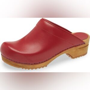 Sanita Red Leather Slip-On Clog Mule with Wooden Sole
